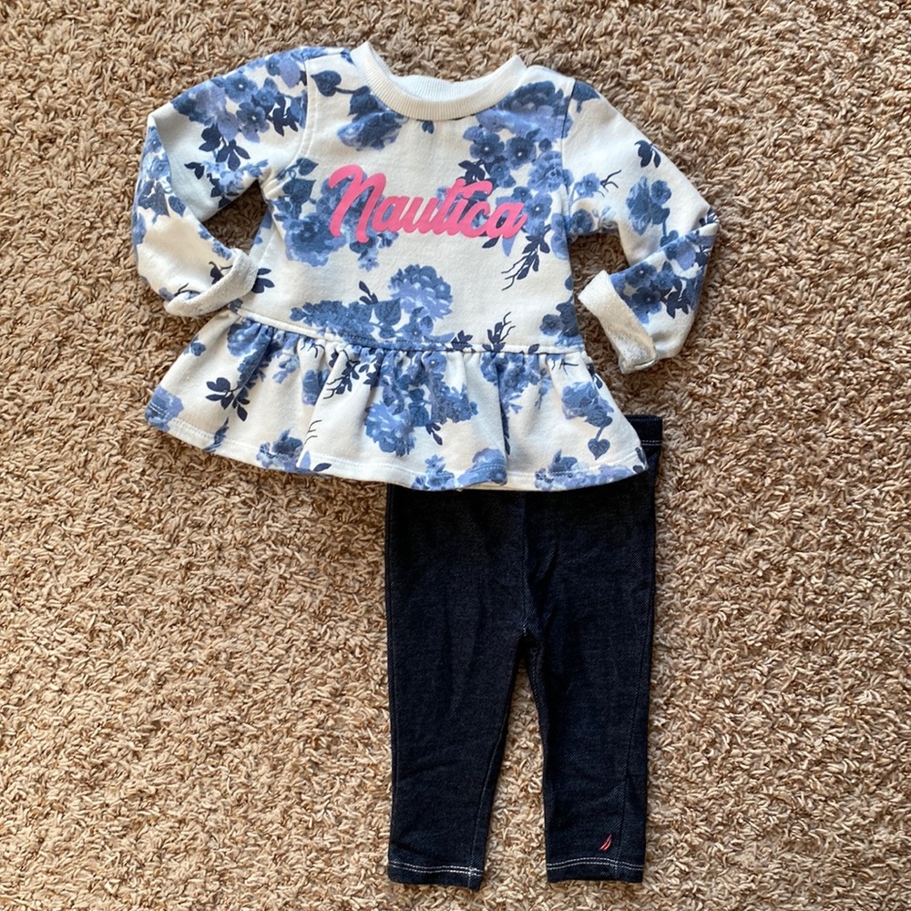 12M girls Nautica 2-piece jeggings and blue floral long sleeve shirt set